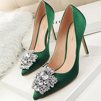 2022 Novi Elegantne Ženske cipele-brod na visokim petama od 10 cm, zelene cipele, čamaca s oštrim vrhom i Kristali, Svila Vjenčanja Vjenčanje cipele-čamaca, Ženske Večernje cipele s kristalima