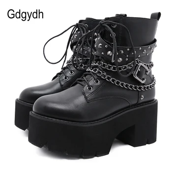 Gdgydh/2022, crne čizme u gotičkom stilu, ženske čizme na visoku petu cipele, ženske cipele na čipka-up, crnci Ukusan kratke čizme sa zakovicama i lancem