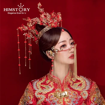 HIMSTORY Luksuzni Kineski Crveni Leptir Phoenix Crown Svadbena Frizura Žena Faze pokazuju Veliki Veličina Vjenčanje Pribor Za Kosu