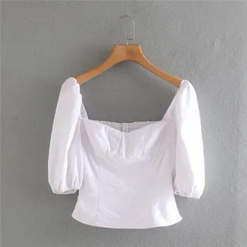 ljetna svakodnevni ženska bijela bluza s elastičan struk, vrhovima, ženska moda 2020, trg ovratnik, kratko bujnom rukava, majice na munje straga, femme