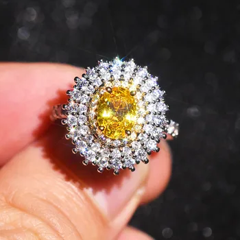 Prsten od 925 sterling srebra sa ovalnim žutom kubični cirkon s četiri pandža, pun dijamanata, donje smještaj prsten na rođendan, prodaja na veliko