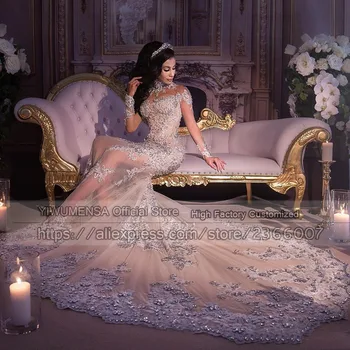 Saudijska Arabija Luksuzno Sjajna Svadba Haljina Od Perli S Perlicama Bistra Iluzija Šampanjac Tila S Visokim Cutaway Sirena Duge Vjenčanice 2021