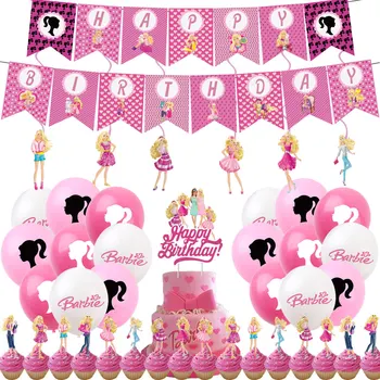 SURSURPIRSE Roza Barbie Tema je Djevojka Rođendan Dekoracija Skup Balona Banner Torta Topper Princeza Rođendan Isporuke