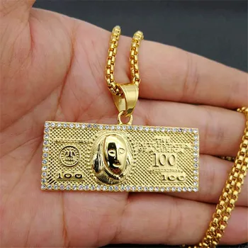 US $100 dolara Novac Ogrlice I Privjesci Muški Nehrđajući Čelik/Gold Boja Lanac Za Muškarce Gorski Kristal Hip-Hop Bling Nakit Ogrlice