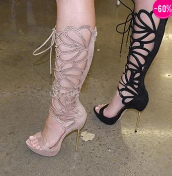 Ženske primamljiv dizajn gladijatorske čizme do Koljena čipka-up s otvorenim vrhom i kristali, sandale na ukosnica, modeliranje čizme